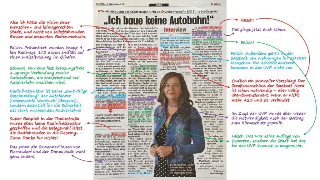 Interview in der Kronen-Zeitung, Bild von Stadträtin Ulli Sima, Kommentare von Ulrich Leth