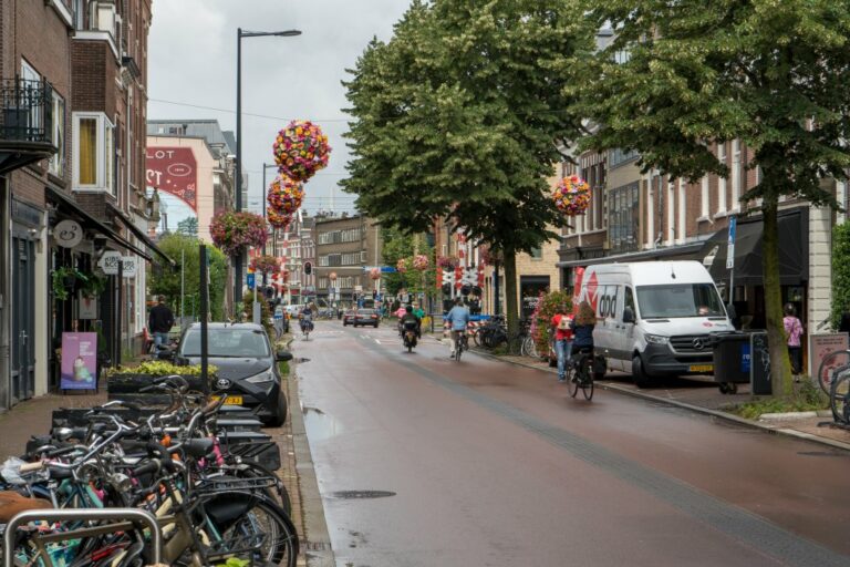 Straße in Utrecht, abgestellte Fahrräder, Fahrradfahrer, Autos, Bäume