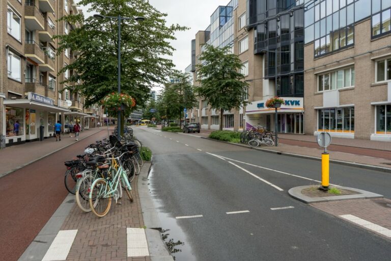 Straße in den Niederlanden, Radweg, Fahrräder, Gebäude, Bäume