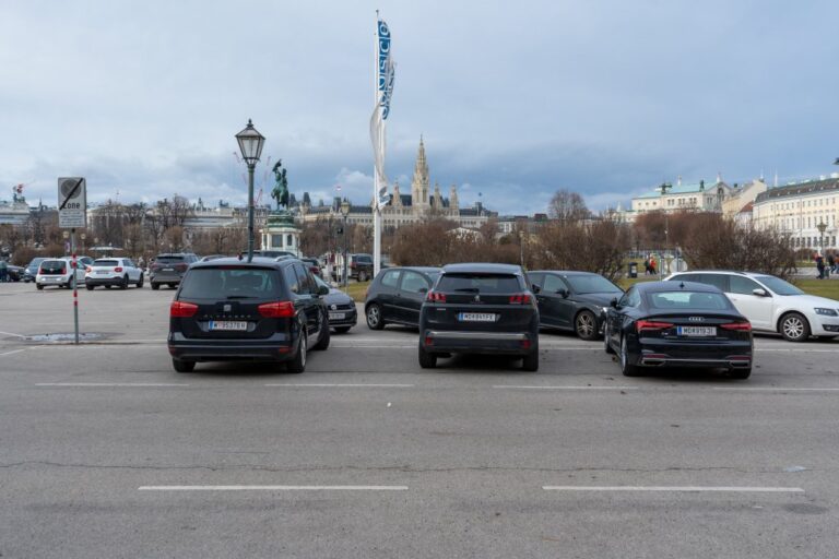 parkende Autos auf einem Platz in Wien, Fahne der OSCE, Rathaus, Volksgarten, Laternen, Asphalt