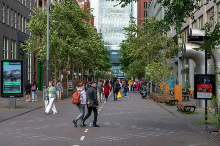 Leute in einer Fußgängerzone in Den Haag, hohe Gebäude, Bäume