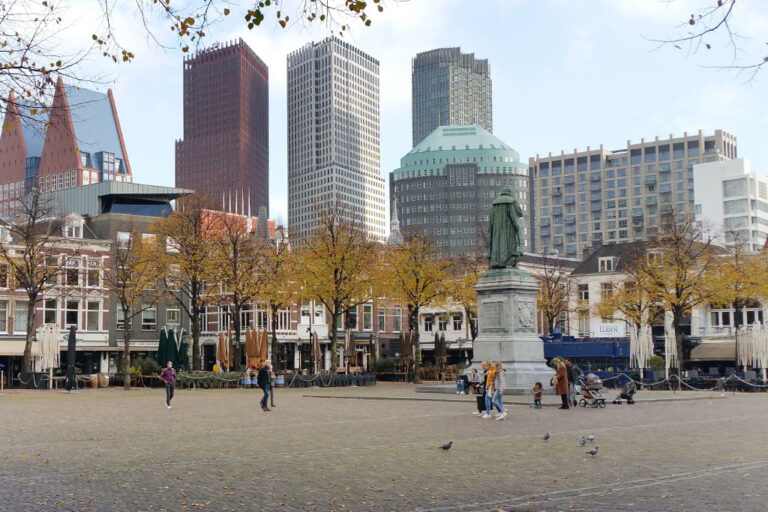Platz in Den Haag, Statue, Hochhäuser, Bäume, Leute, Tauben