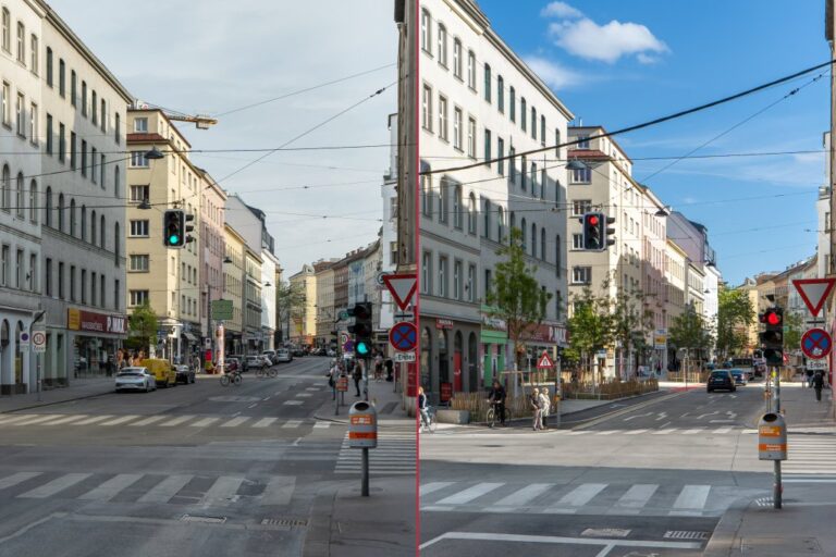 Straße in Wien-Margareten, links vor dem Umbau, rechts nach dem Umbau