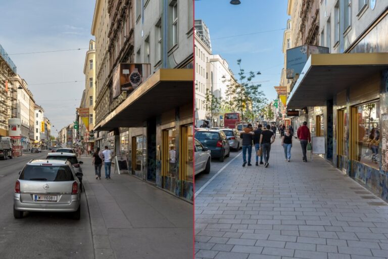 Gehsteig auf der Reinprechtsdorfer Straße vor und nach dem Umbau, Autos, Personen, Geschäfte