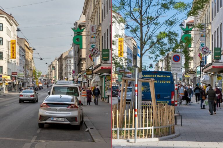 Straße in Wien vor und nach einem Umbau, Margareten, Einkaufsstraße, Autos, Passanten, Bäume, Schilder