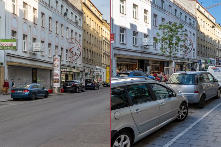 Reinprechtsdorfer Straße vor und nach dem Umbau, Autos, Einkaufsstraße, Wien
