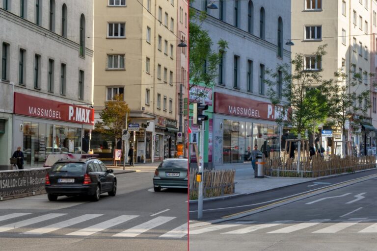 Straße in 1050 Wien, links vor dem Umbau mit fahrenden Autos, rechts nach dem Umbau mit Radweg und Bäumen