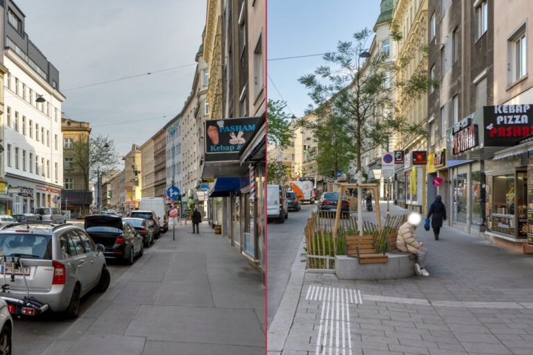 Gehsteig auf der Reinprechtsdorfer Straße vor und nach dem Umbau