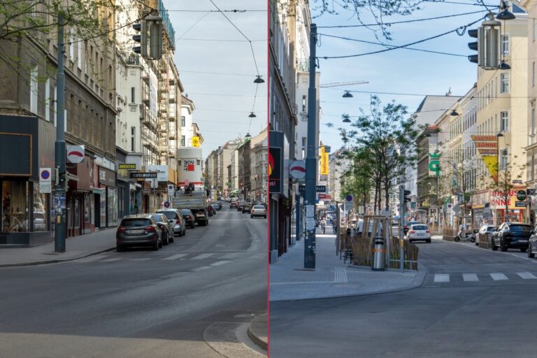 Einkaufsstraße in Wien vor und nach dem Umbau, Autos, Bäume, alte Häuser