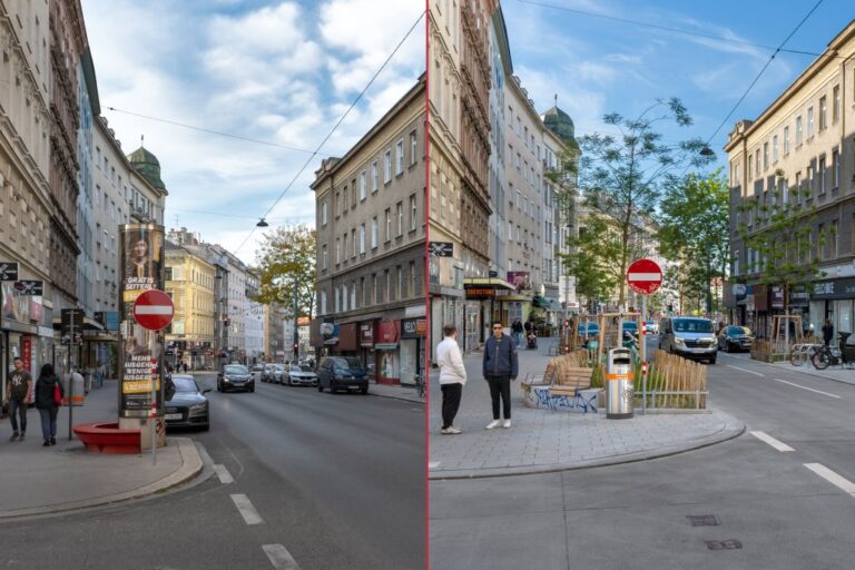 Kreuzung auf der Reinprechtsdorfer Straße, links vor dem Umbau, rechts nach dem Umbau