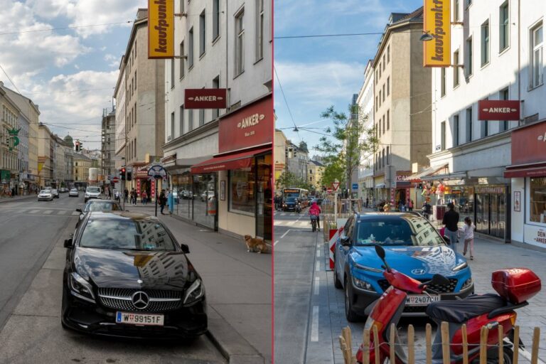 Gehsteig auf der Reinprechtsdorfer Straße vor und nach dem Umbau, Autos, Personen, Geschäfte