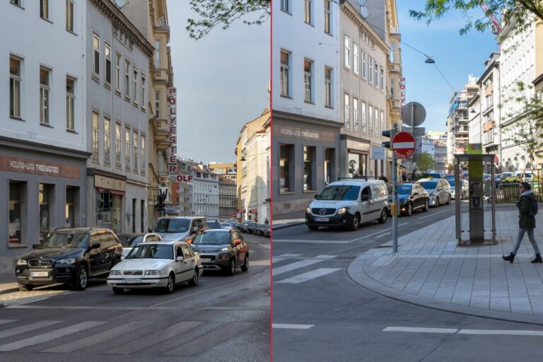 Margaretenstraße in Wien, links vor dem Umbau, rechts nach dem Umbau