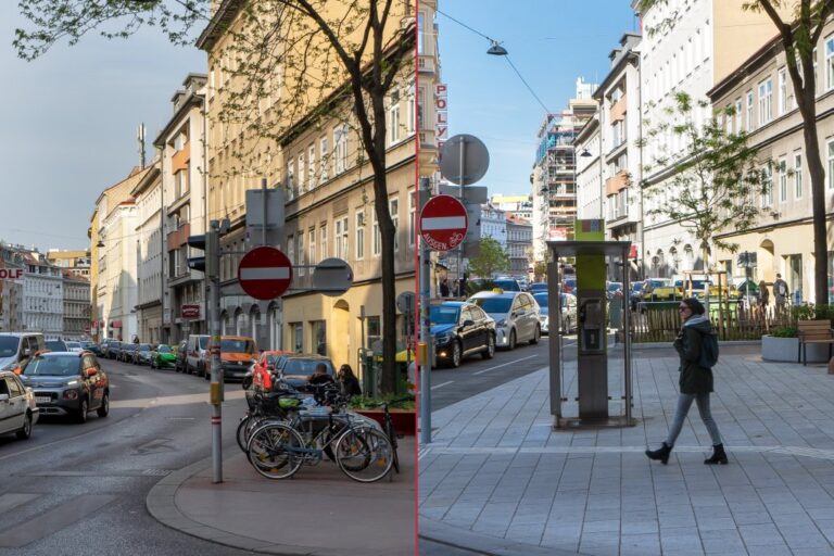Straßenecke in Wien-Margareten vor und nach einem Umbau