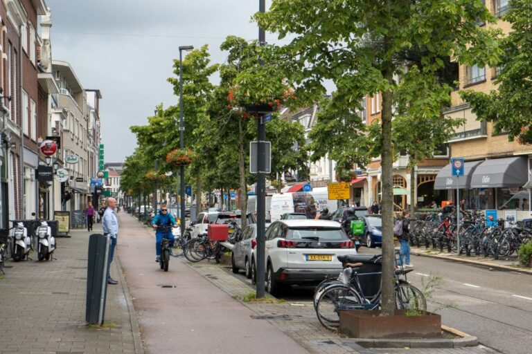 Straße in Utrecht, Radweg, Bäume, Autos, Gehsteig