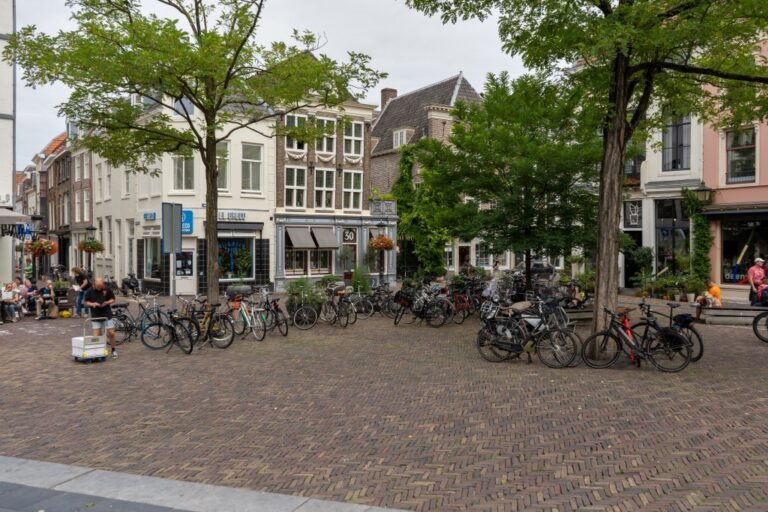 Platz mit Bäumen in Utrecht, abgestellte Fahrräder, kleine Häuser