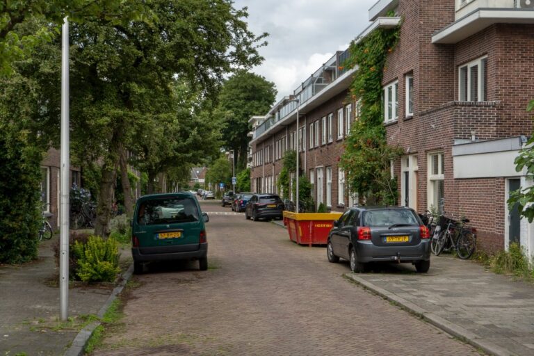Straße in Utrecht mit parkenden Autos, Bäumen, niedrigen Gebäuden