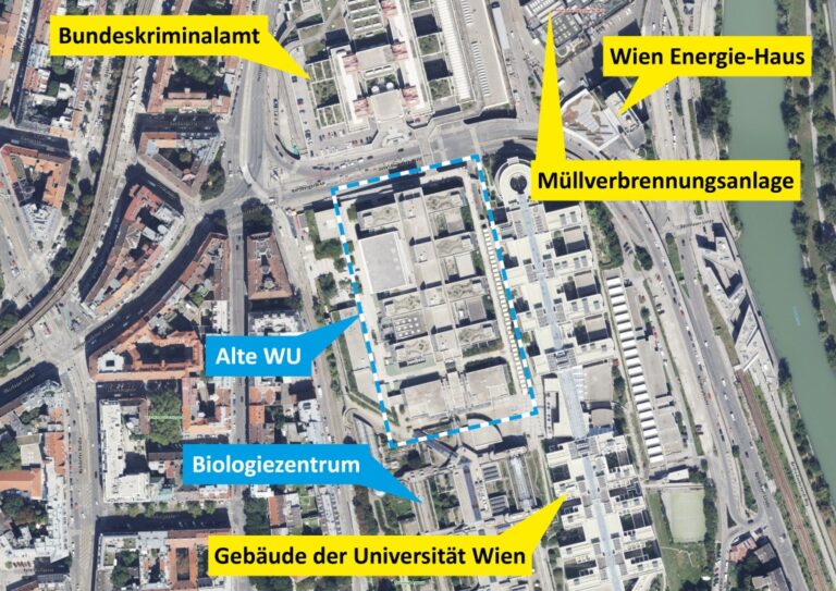 Satellitenaufnahme, alte WU, Biologiezentrum, Bundeskriminalamt, Wien Energie-Haus, Müllverbrennungsanlage, Gebäude der Universität Wien