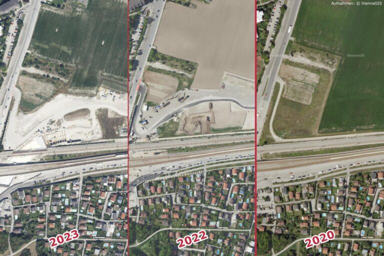 Satellitenaufnahmen der Baustelle der Stadtstraße in Wien-Donaustadt