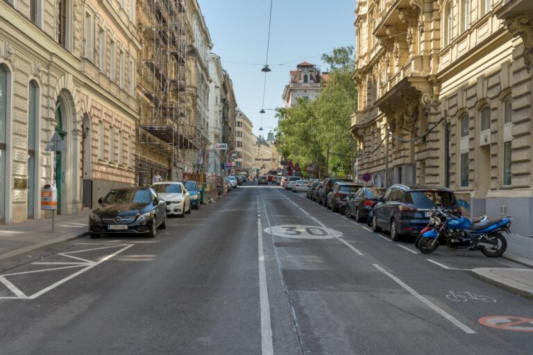 Straße mit alten Häusern und parkenden Autos