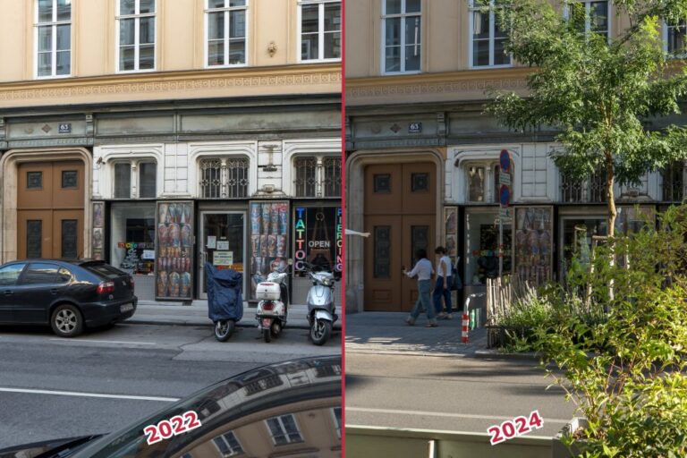 Burggasse vor und nach einer Umgestaltung, links parkende Autos und Motorroller, rechts Leute und Baum