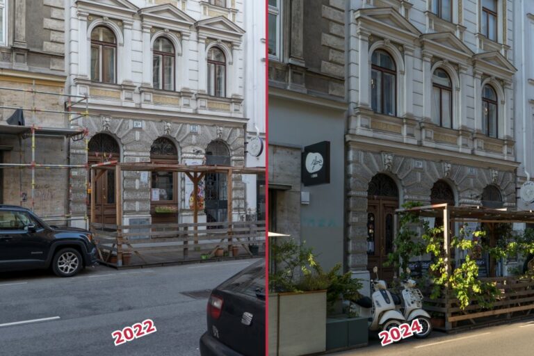 zwei Fotos einer Erdgeschoßfassade in 1070 Wien, Gastgärten