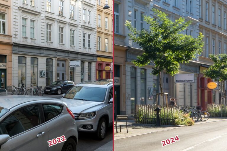 Straße in Wien-Neubau vor und nach einer Umgestaltung