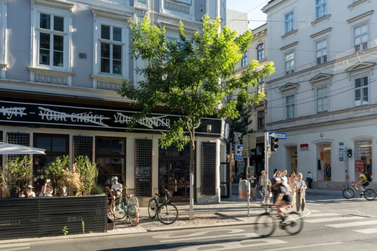 Kreuzung, Radfahrer, Baum, Gastgarten, Leute, Ampeln, alte Häuser