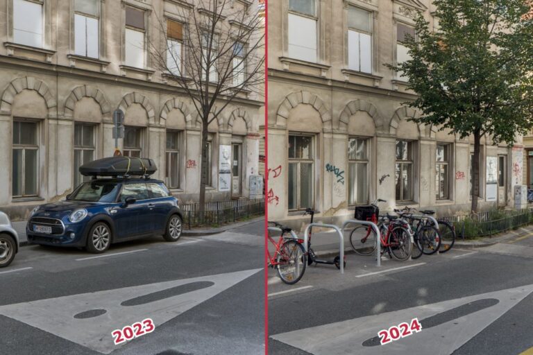 Straße mit altem Gebäude, Baum, Auto, Fahrräder, Fahrradbügel