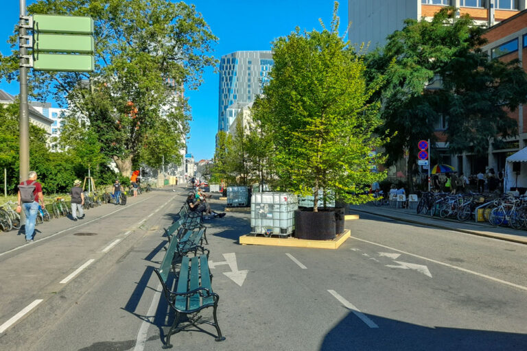 Parkbänke, Bäume in Behältern, Straße, Leute