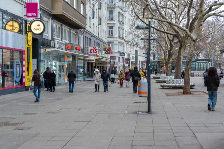 Leute in einer Fußgängerzone in Wien, Geschäfte, Häuser, Bäume, Laternen